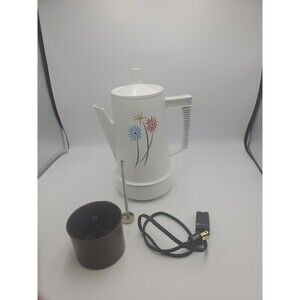 Regal Poly Perk 4-8 Cup Coffee Percolator White Blue Yellow Pink Flowers WORKS